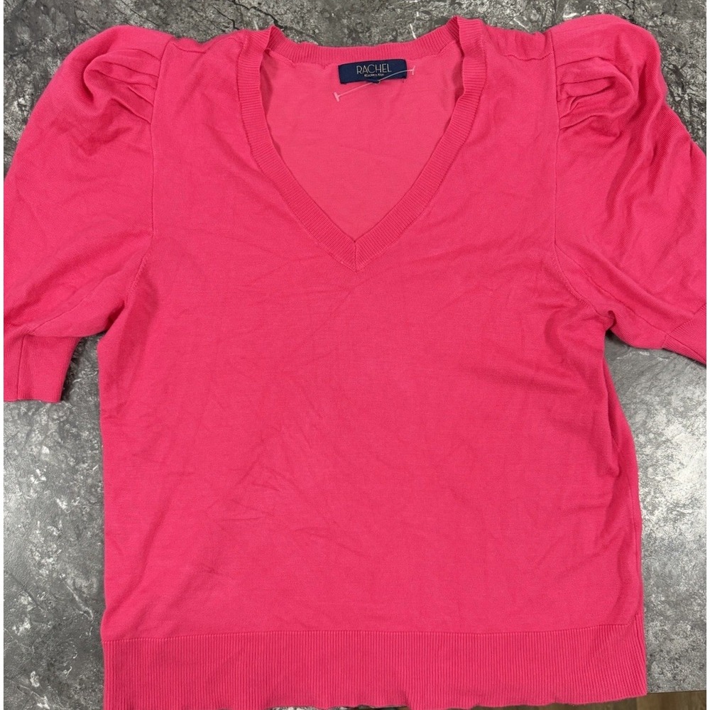 Rachel Roy Womens V Neck‎ Puff Sleeve Lightweight Short Sleeve Sweater Pink Sz L